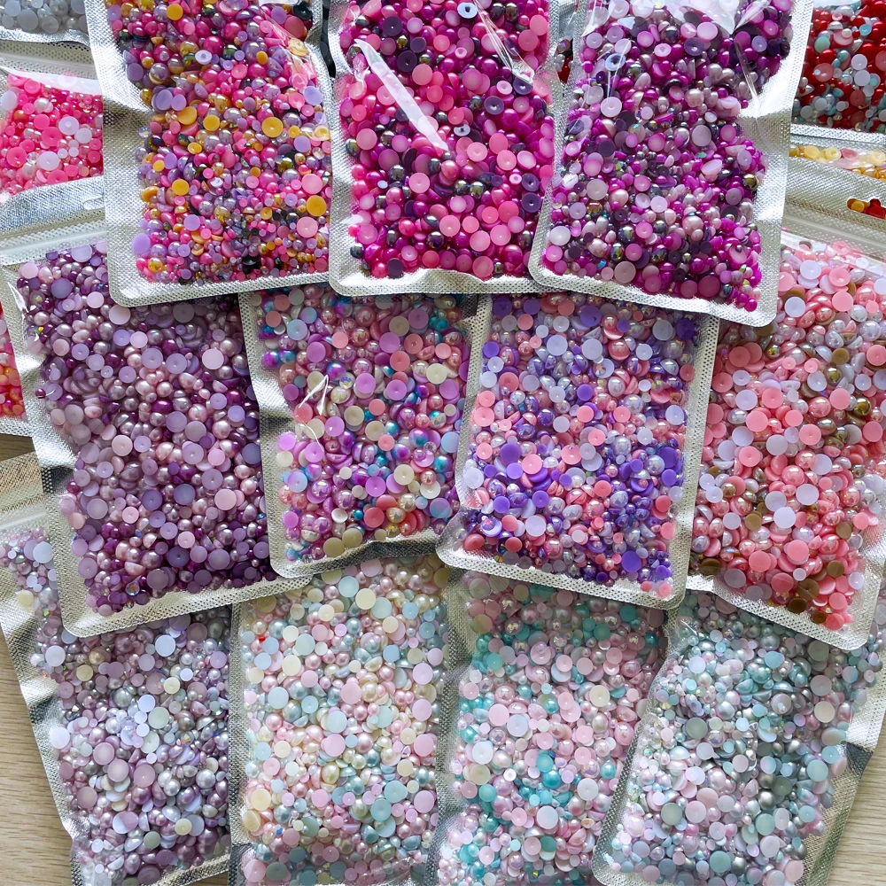 Factory wholesale price Mix Sizes Green Mix Half Round Flat Back Pearls Resin Rhinestones For Handmade DIY Decoration