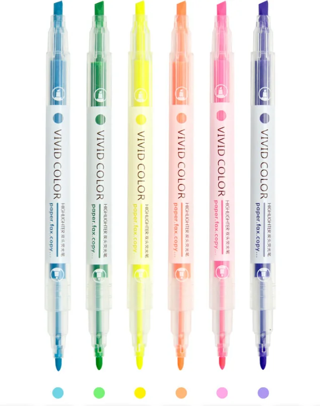 YIHENG High Quality highlighter Stationery Water-based dual-head highlighter marker pen 6 colors for children
