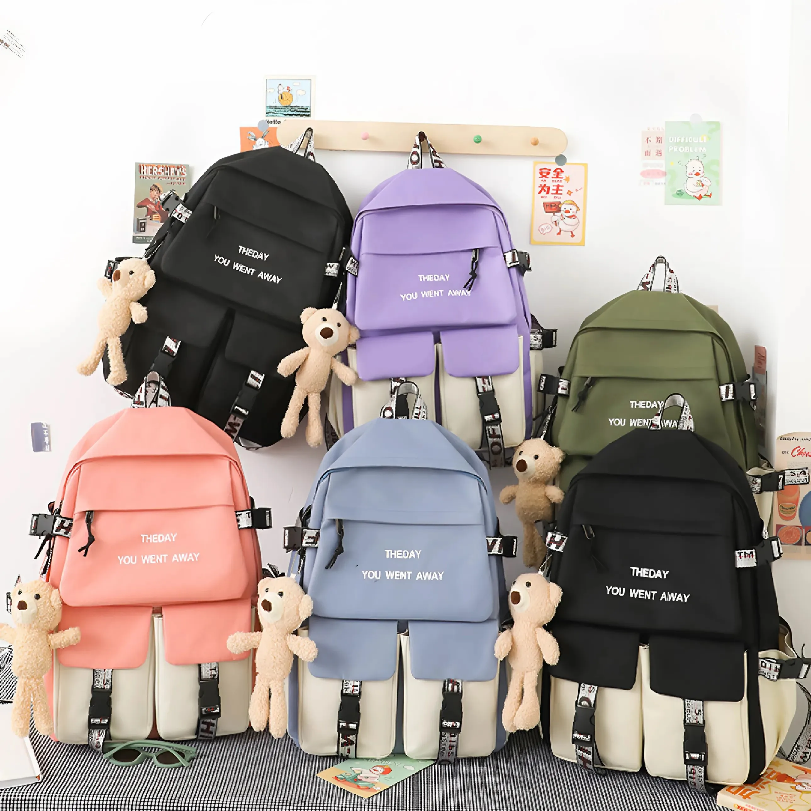 5pc/set Korean School Backpack for Teenager Girls Multi Pocket Students Schoolbag Canvas Women Shoulder Book Bag Laptop Rucksack