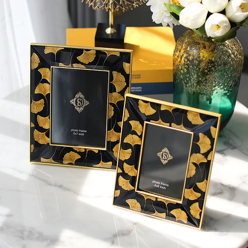 
Light luxury simple glass inkjet photo frame 6 inch 7 inch gold ginkgo leaf home decoration frame decoration 
