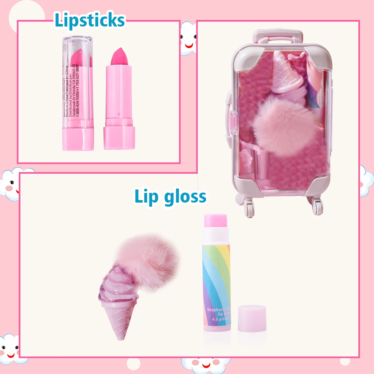 Private Label Vendor Custom Glitter Kids Vegan Set Wholesale Fruit Oil Lip Gloss Mini Suitcase for Lip Gloss