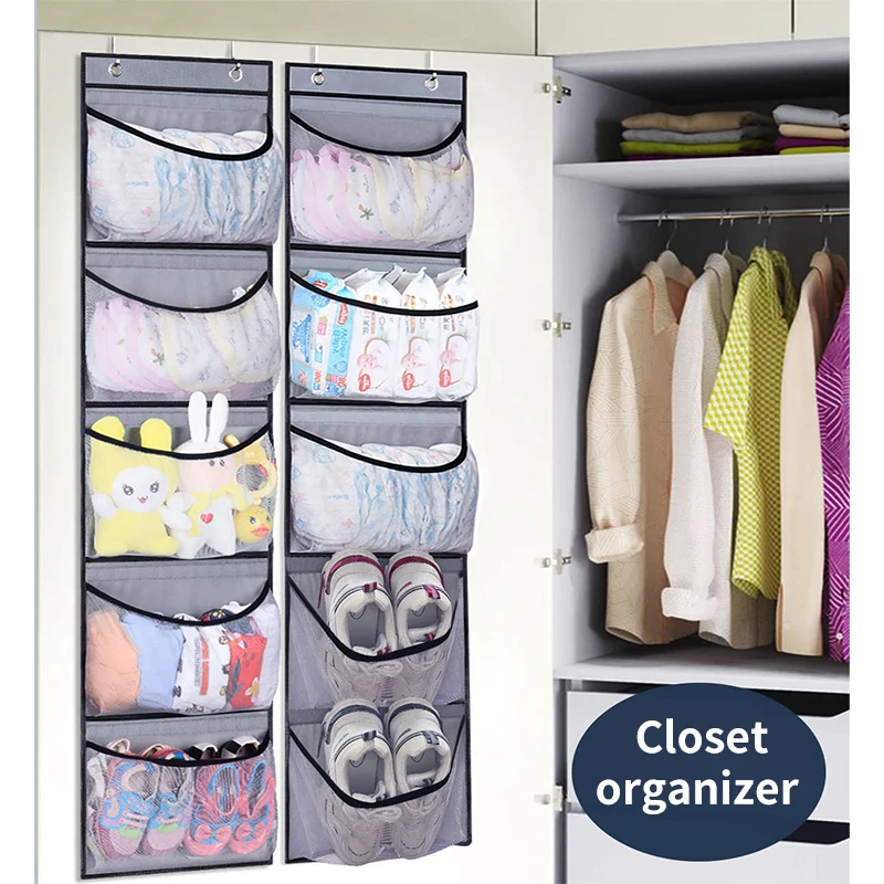 Wardrobe Bedroom Hanging Door Organizer for Toys Clothes Over The Door Organizer Storage with 5 Mesh Pockets and 2 Hooks