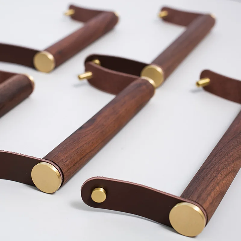 Original design walnut brass small pull hand Nordic light luxury high-end clothes cabinet door drawer furniture cowhide handle
