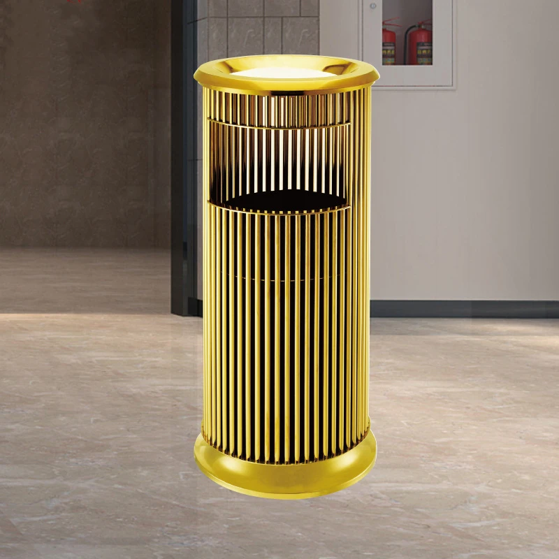 Commercial Waste Basket Container Rose Gold Stainless Steel Round Hotel Lobby Trash Can For Elevator