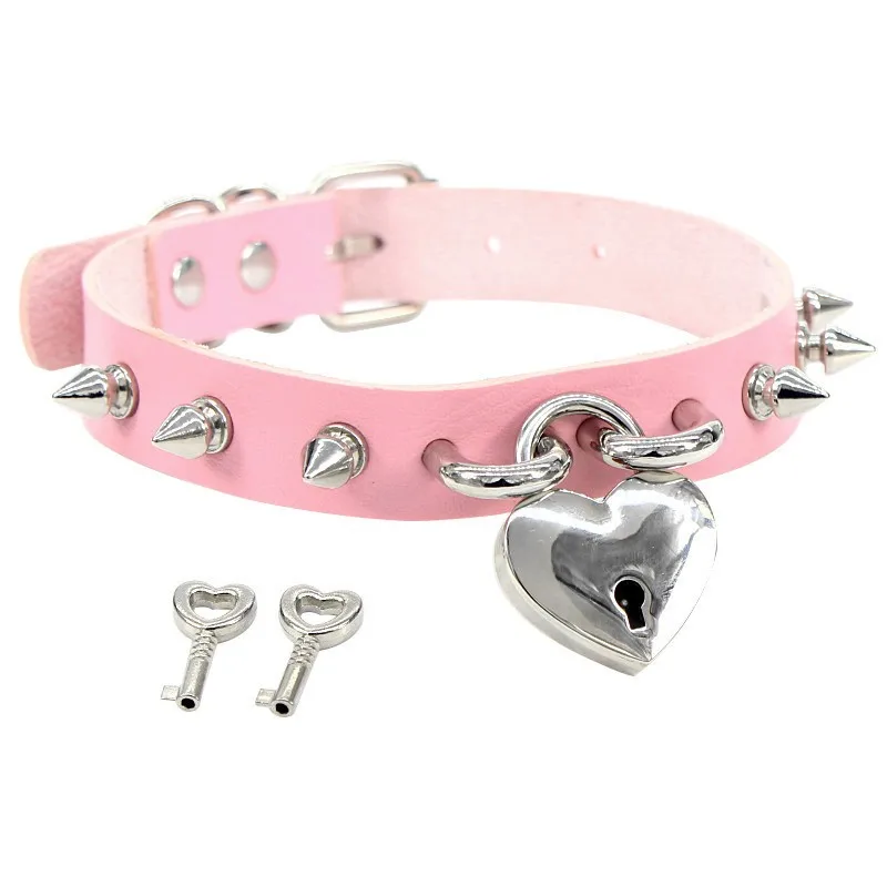 Sticker Lock love pendant necklace rivet choker Collar leather Heart Necklace with key Fashion statement rock hiphop jewelry