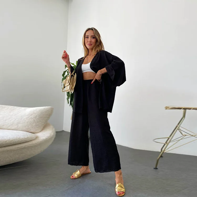 Wholesale custom cotton linen suit long-sleeved top plus wide-legged pants two-piece