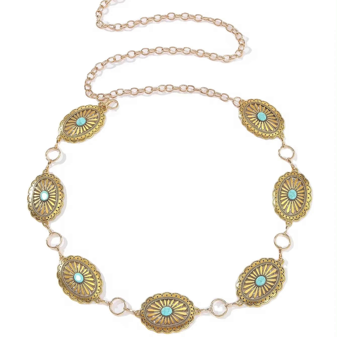 Fashion hot selling gold plated zinc alloy turquoise chain belt for women