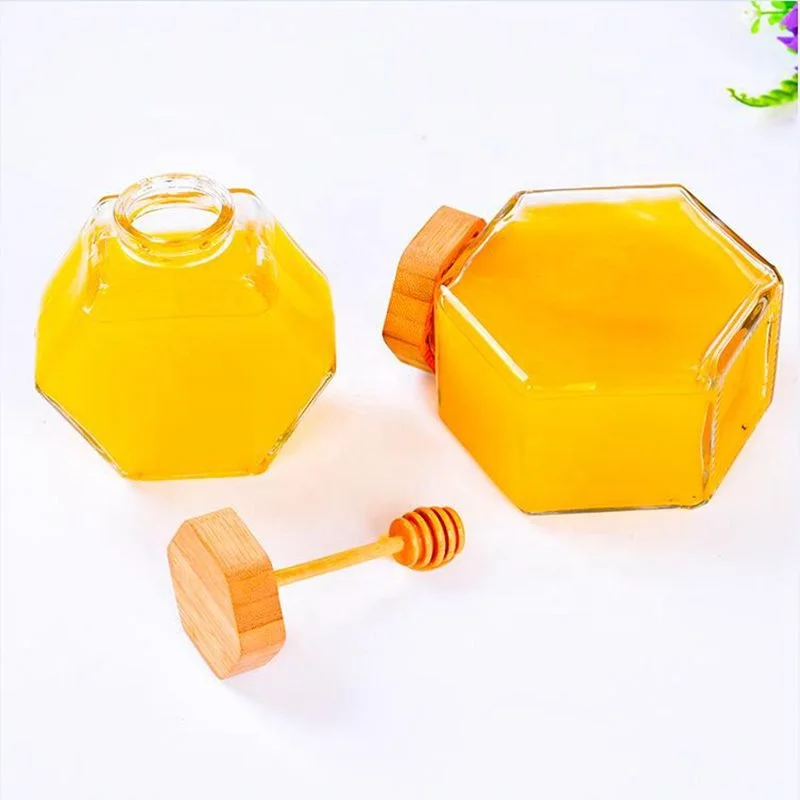 Custom 220ml unique hexagon glass honey storage jar with honey stick and wooden lid