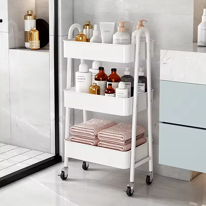 Rolling storage service shelf organizer mobile multi-layer floor storage rack push frame