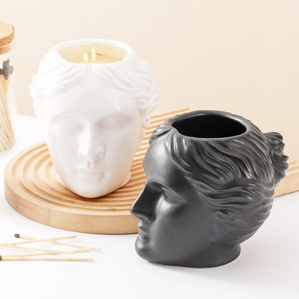 Customized Long-Lasting Abstract Human Faces Ceramic Jar Natural Soy Wax Candle For Bedroom Spa Bath Yoga Massage