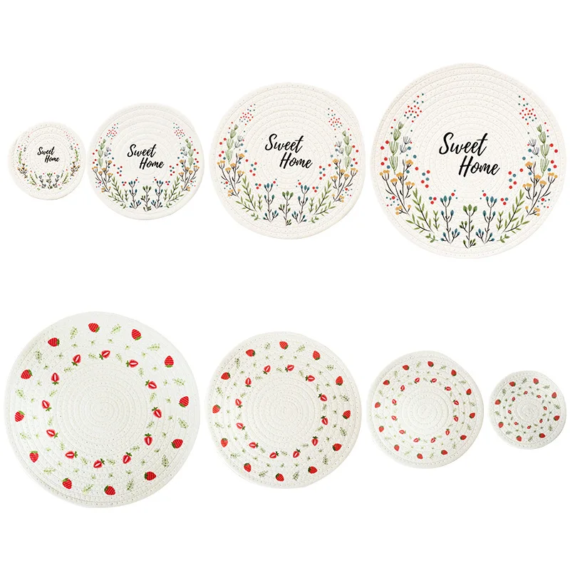 Japanese Printed Strawberry round Woven Cotton Insulated Placemats and Plate Mats Insulated Tea Coasters