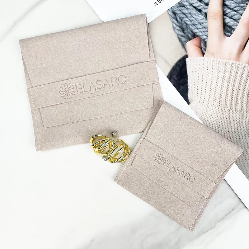 Custom Low MOQ Luxury Fold Small Suede Velvet Gift Envelop Pouch with Leather Drawstring Fashion Jewelry Bag