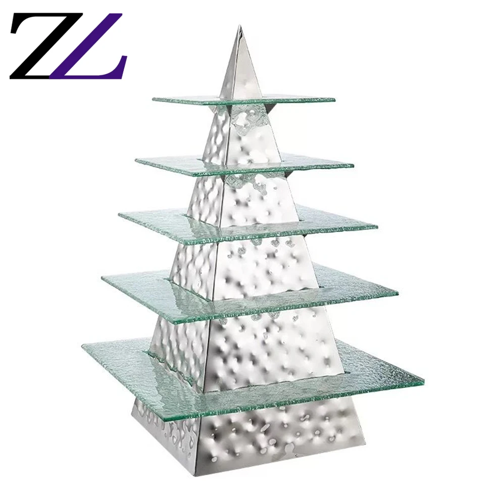 Buffetware pastry display racks cupcake glass risers triangle hammered 5 layer stainless steel buffet cocktail raiser and stands