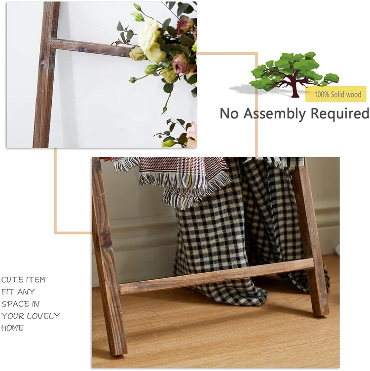 ARTMADE Wood Blanket Ladder Wall-Leaning Non-Folding Blanket Ladder Rustic Farmhouse Wooden Ladder Decor Shelf