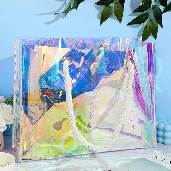 Hot Beach Lunch Sports Concert Wedding Birthday Stadium Waterproof Pvc With Rope Handle Holographic Rainbow Bag