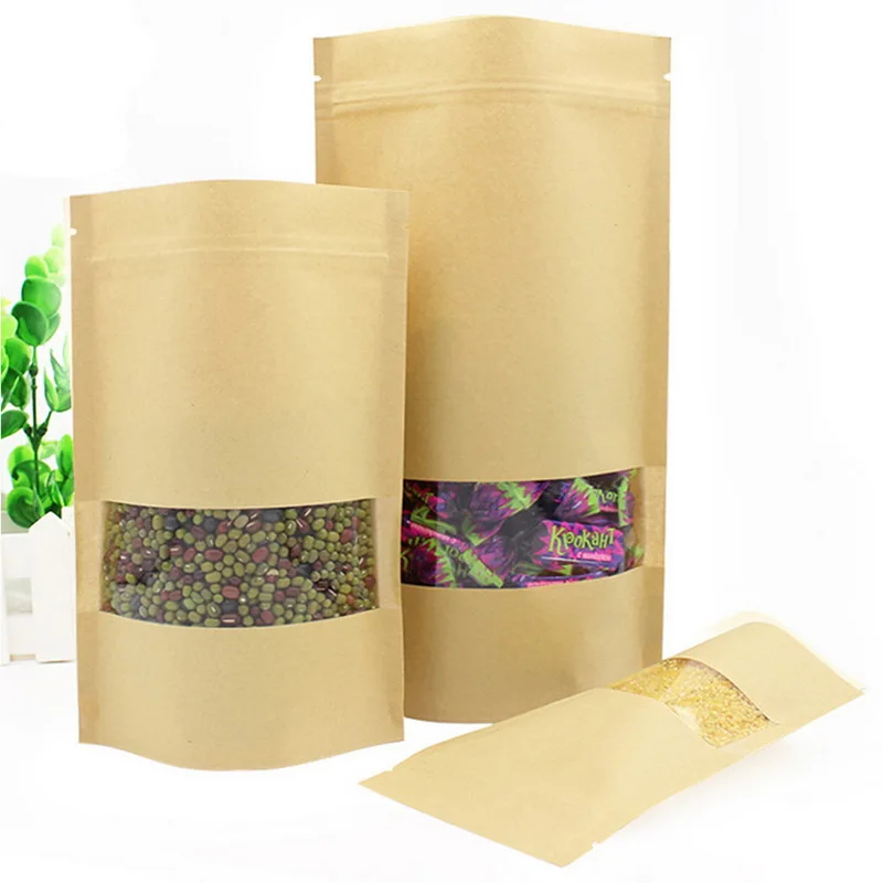 50 Pcs Kraft Food Bag Reusable Zip Lock Sealing Bags Storage With Notch Matte Transparent Window