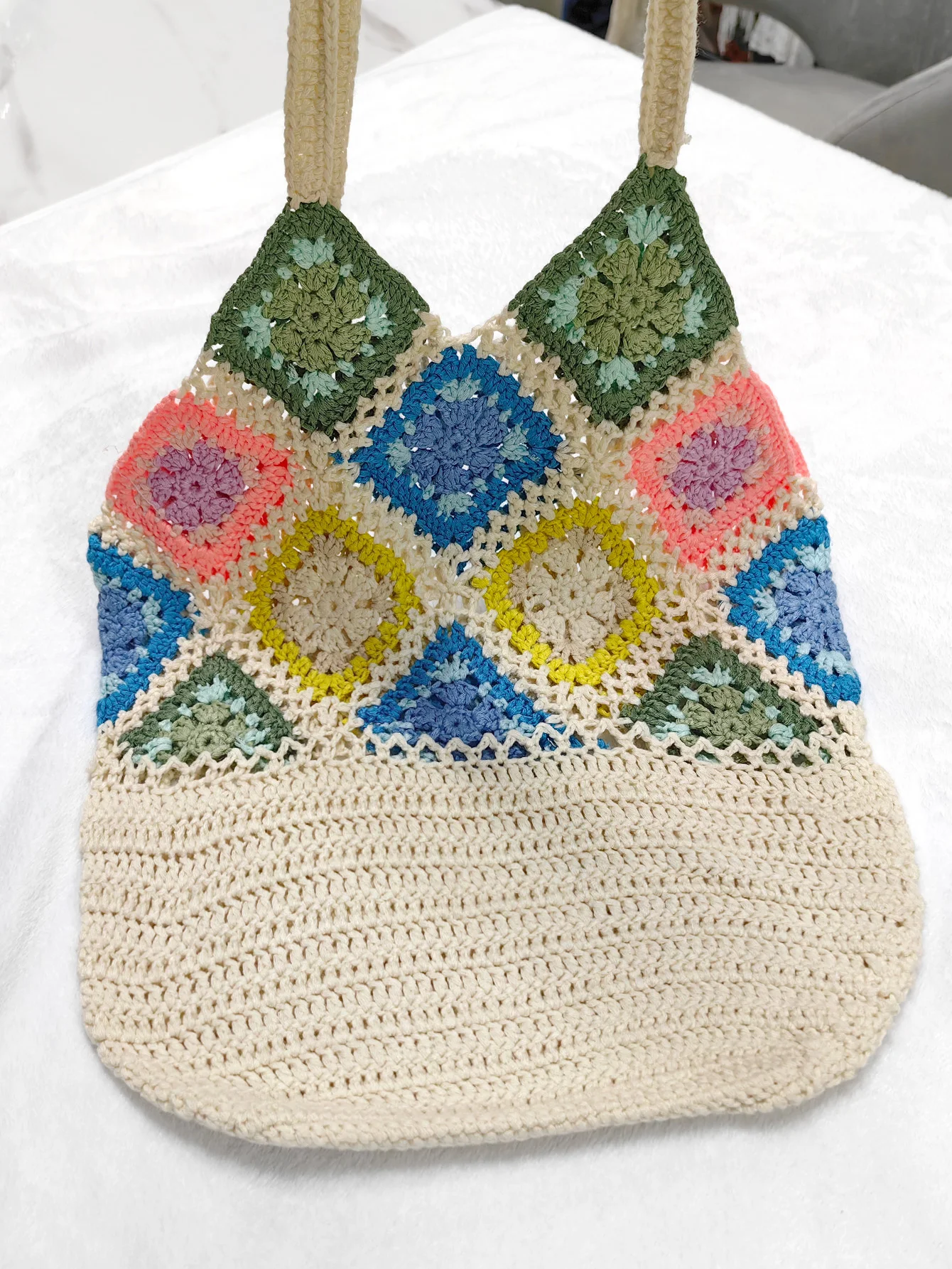 Factory Bohemian Handmade Crochet Party Granny Colorful Square Hobo Flowers Cotton Cord Tote Shoulder Bag Casual Shopping Bag