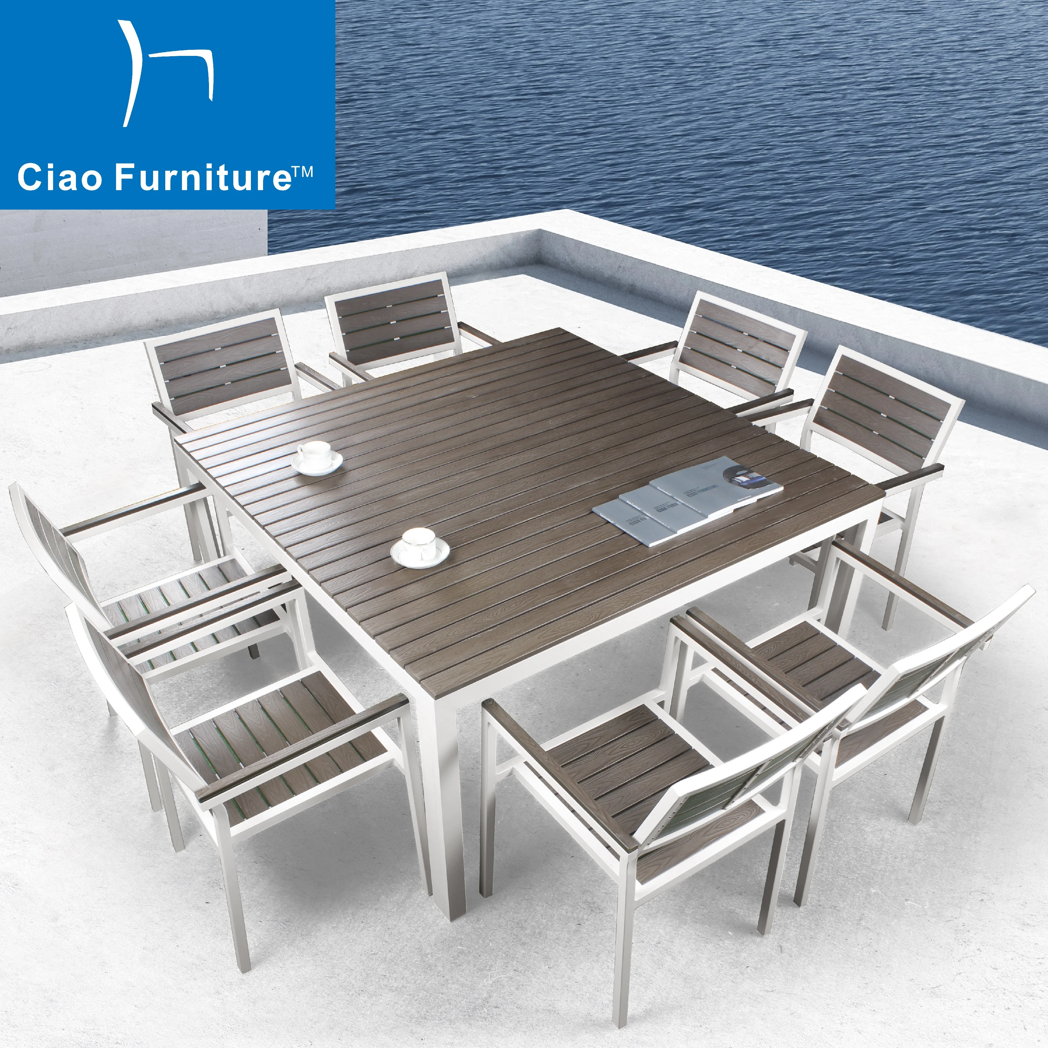 Hot Selling Outdoor Restaurant Terrace Furniture Faux Wood Patio Dining Table and Chair Set