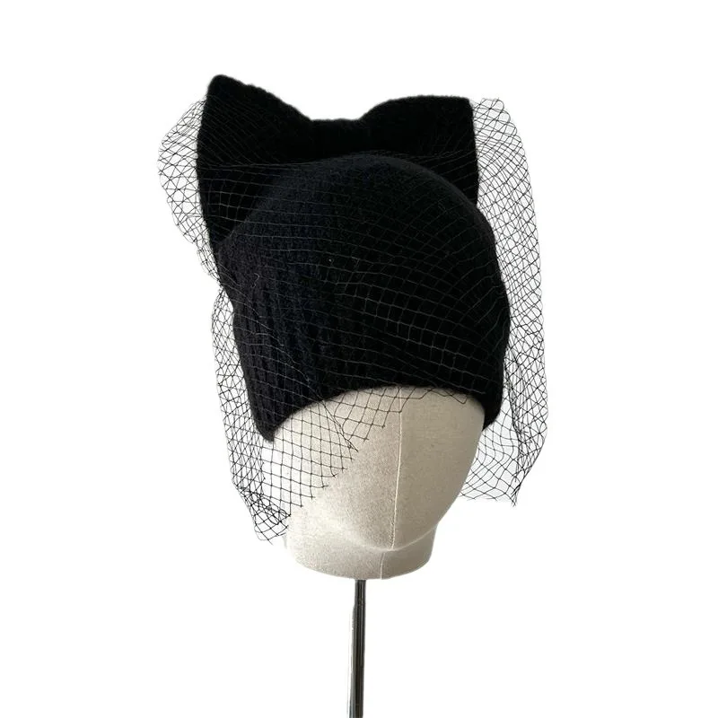 hot sell new fashion womans beanie winter hats Chunky Stretch Knitted Beanie Hat Skull Thick Ski hat with bowknot & mesh veil