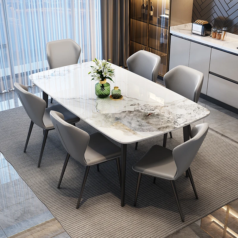 HANYEE Nordic Luxury Modern Home Restaurant Dining Room Furniture Set 4 6 Seater Marble Sintered Stone Top and Metal Leg Base