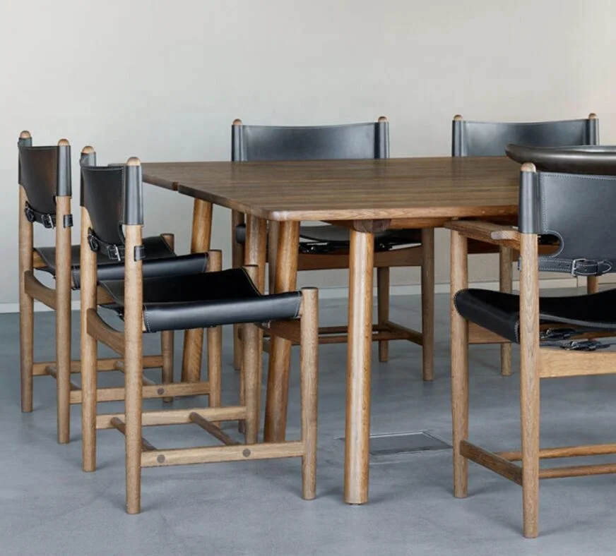 Mid Century Danish Design OAK Walnut Wood Handmade Chair Vegetable Tanned Saddle Genuine Leather Vintage Spanish Dining Chair