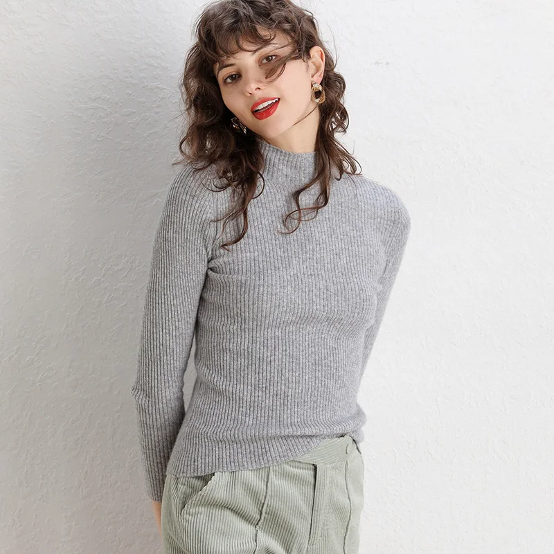 2022 Fashion Ladies Long Sleeve Slim Women Half Turtleneck 100% Pure Merino Wool Sweater