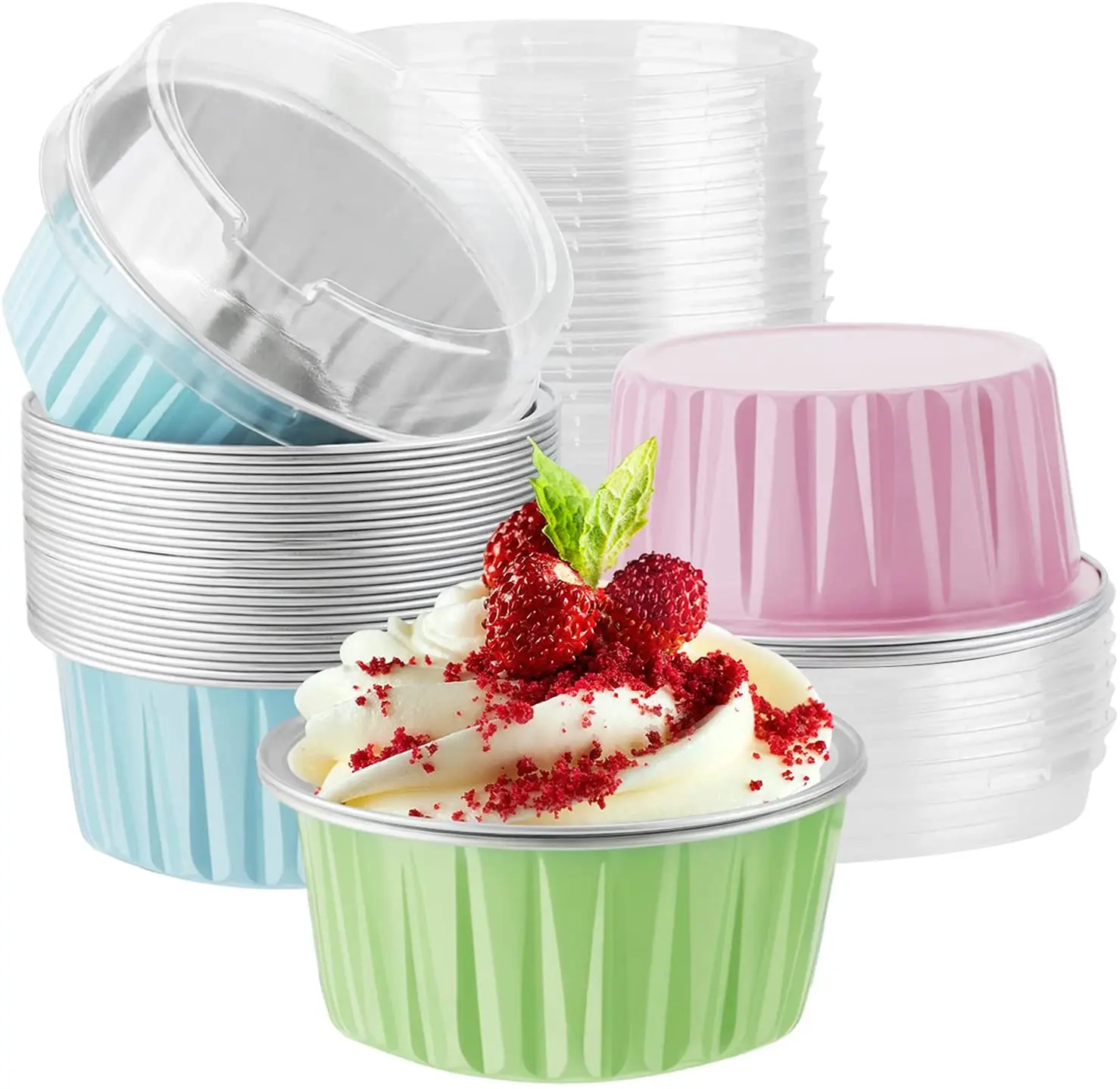 Aluminum Foil Baking Cups with Lids 100pcs 125ml Aluminum Foil Cupcake Liners Cups with Lids Disposable Foil Baking Cake Cup