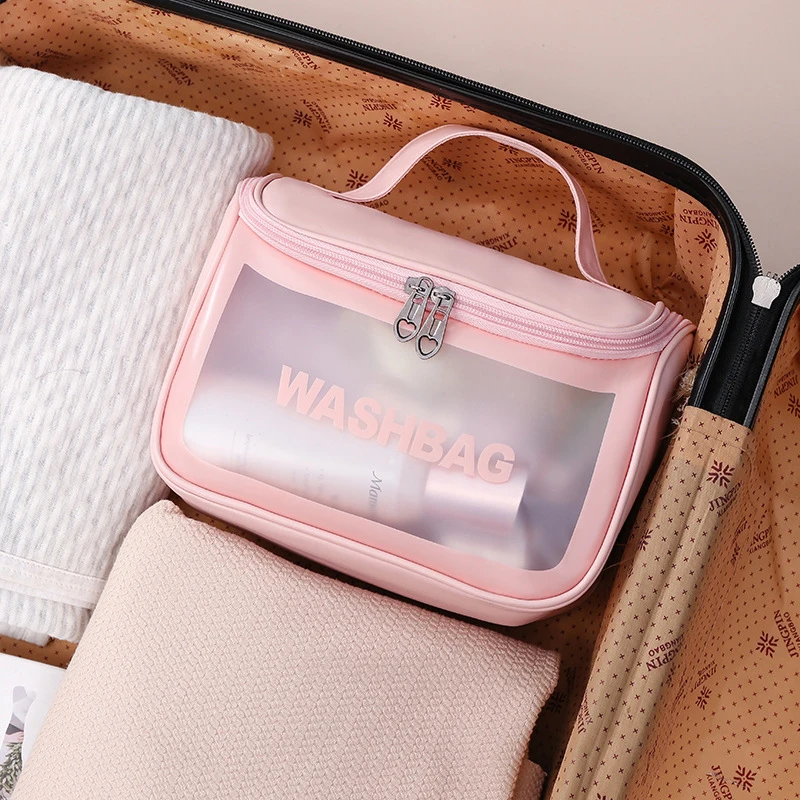 Logo Customize Waterproof PU Leather Women Travel Transparent Pink TPU Washing Cosmetic Bag Pouch Clear Zipper PVC Makeup Bags