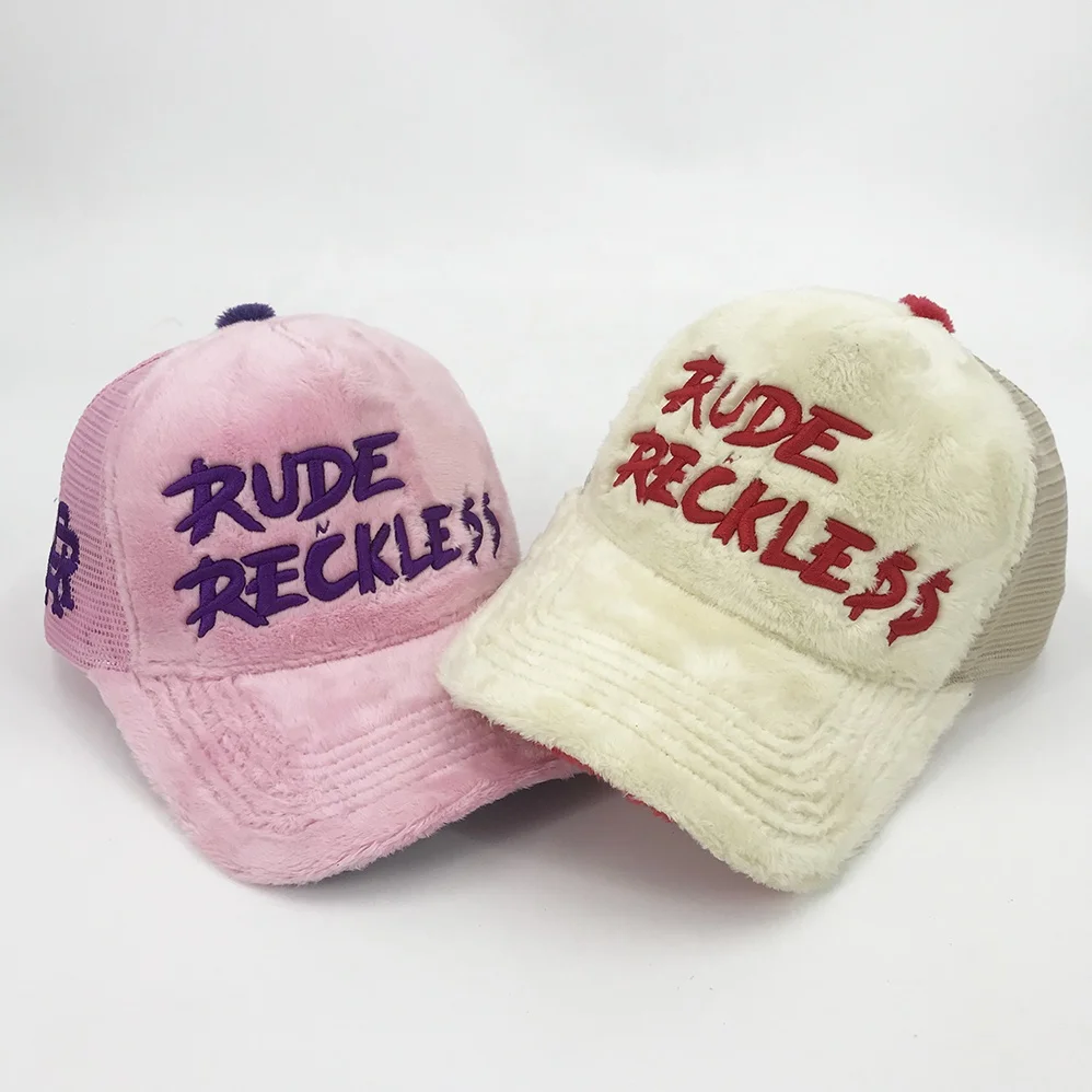 Factory New Design Fur Fuzzy Velvet Trucker Cap Custom 3D Embroidery Logo A Frame Style Winter Velvet Sport Hats