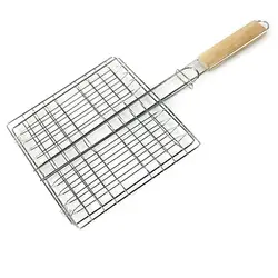 Wire BBQ Net Barbecue Grilling Basket BBQ Net Wooden Handle Meat Fish Clip Holder Durable Barbecue Supply Camp