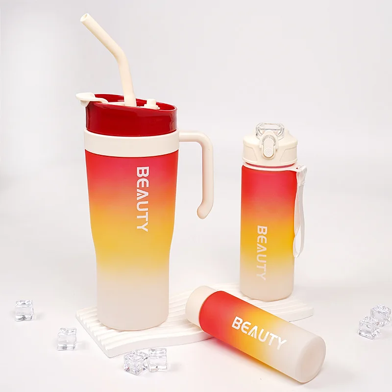 3 in 1 Gradient color frosted straw dual-drinking plastic large-capacity car-mounted 3pcs handle cooler cup water bottle