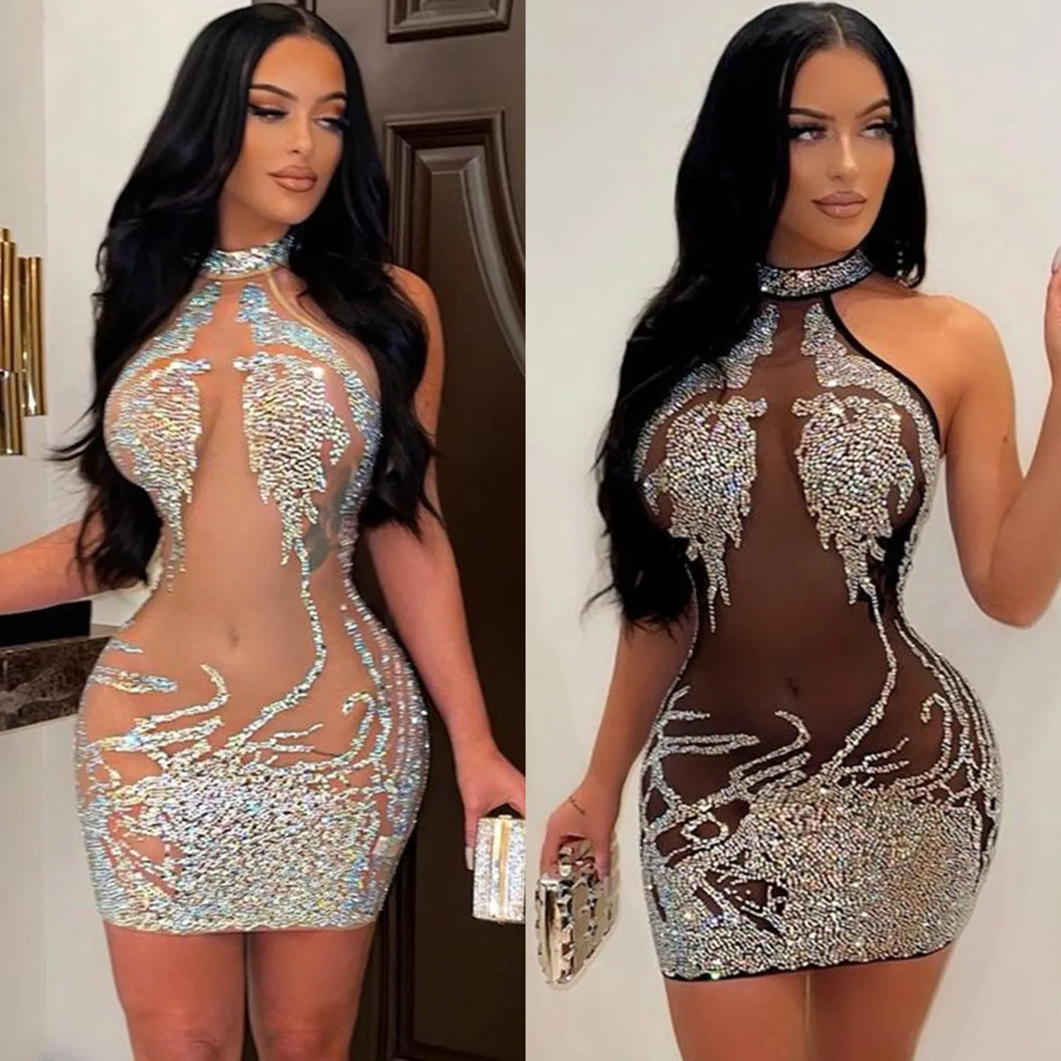 Bomblook C321DS Summer Evening Club Formal Outfits Sexy Halter Rhinestone Dresses For Women Dress Party Beading Mini Dress Women