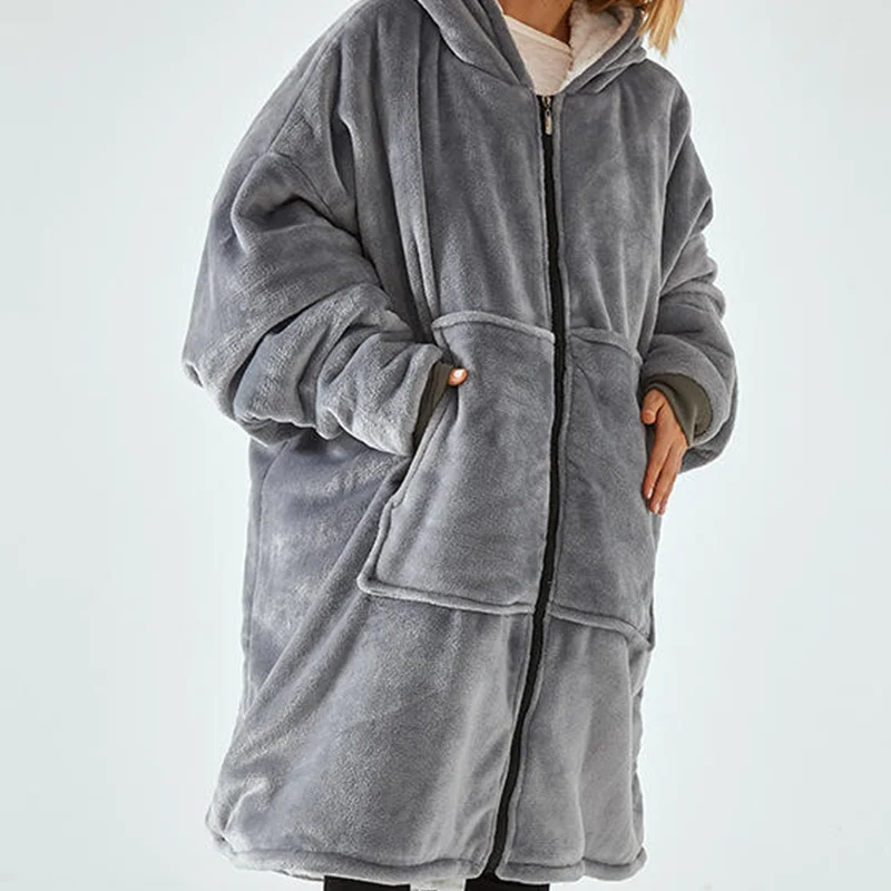 Nature Sherpa Winter Tv Hooded Long Sleeve Wearable Oversized Large Pocket Flannel Hoodie Blanket