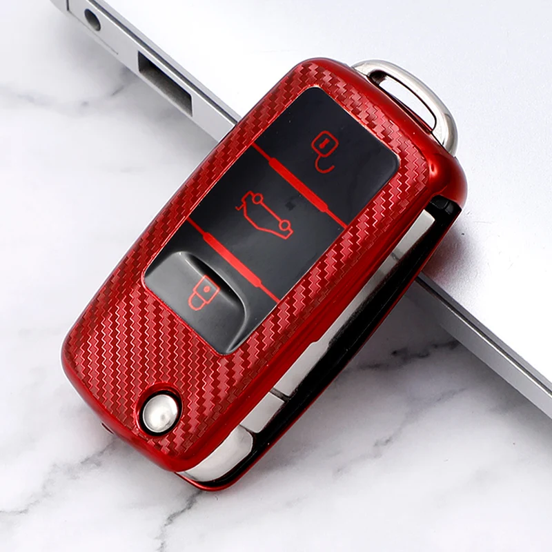 Carbon fiber car key protection Cover fit for Volkswagen Flip Key Fob Case for VW Jetta Passat Golf Beetle Rabbit Car Key Holder