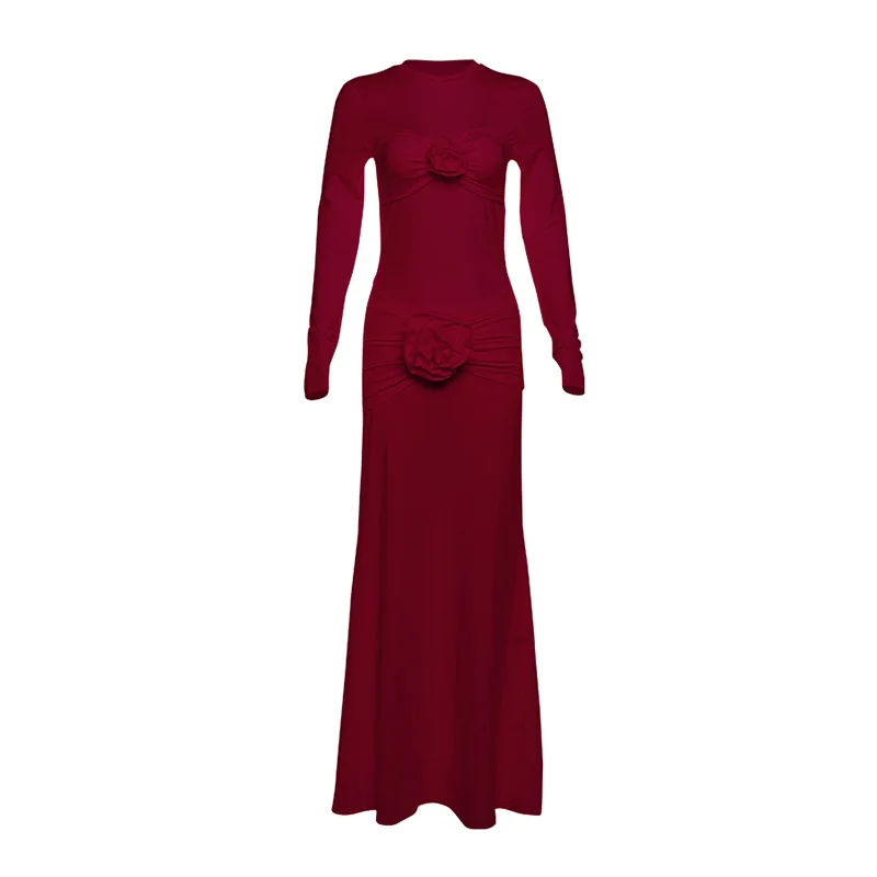 2024 Autumn and winter new sexy tight round neck long dress with pleated floral temperament dress