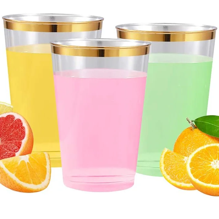 12oz Clear Hard Disposable Plastic Cups Glasses Tumblers for Cold Wine Cocktail Drinking Party  with Gold Rim
