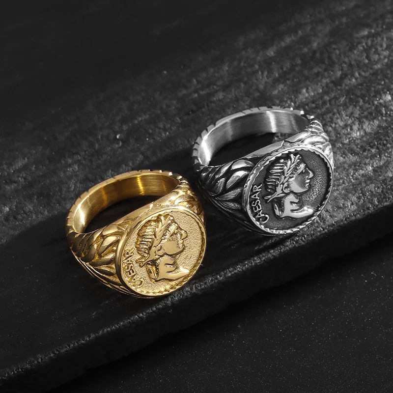 New Trendy Minimalist Jewelry men ring Vintage punk Roman Empire Caesar hip hop stainless steel coin casting portrait ring