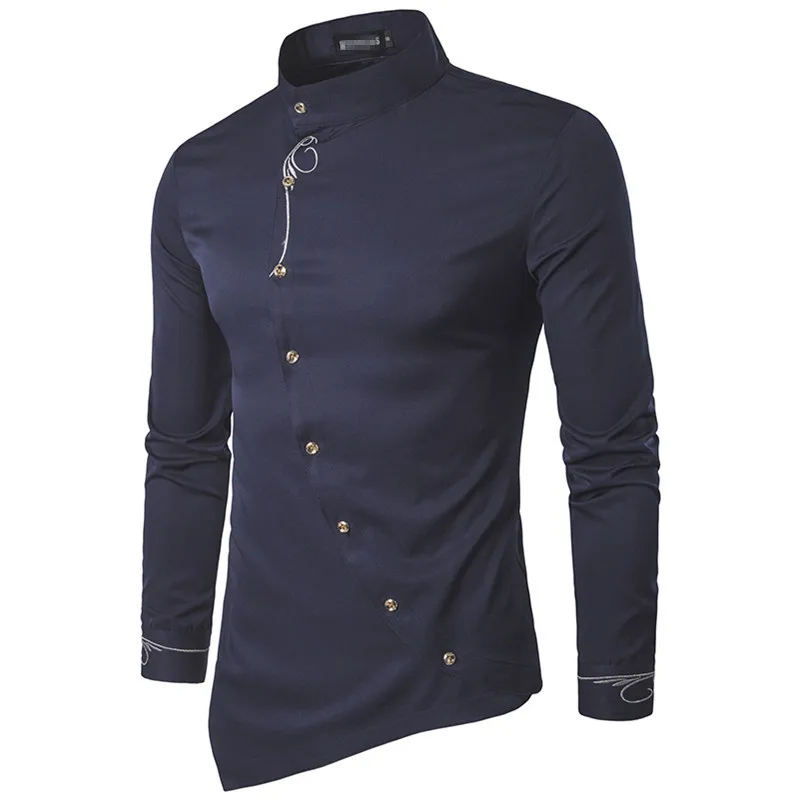 A26 Custom Men Mandarin Collar Slim Casual Shirt Crop Button Down Long-sleeved Shirts