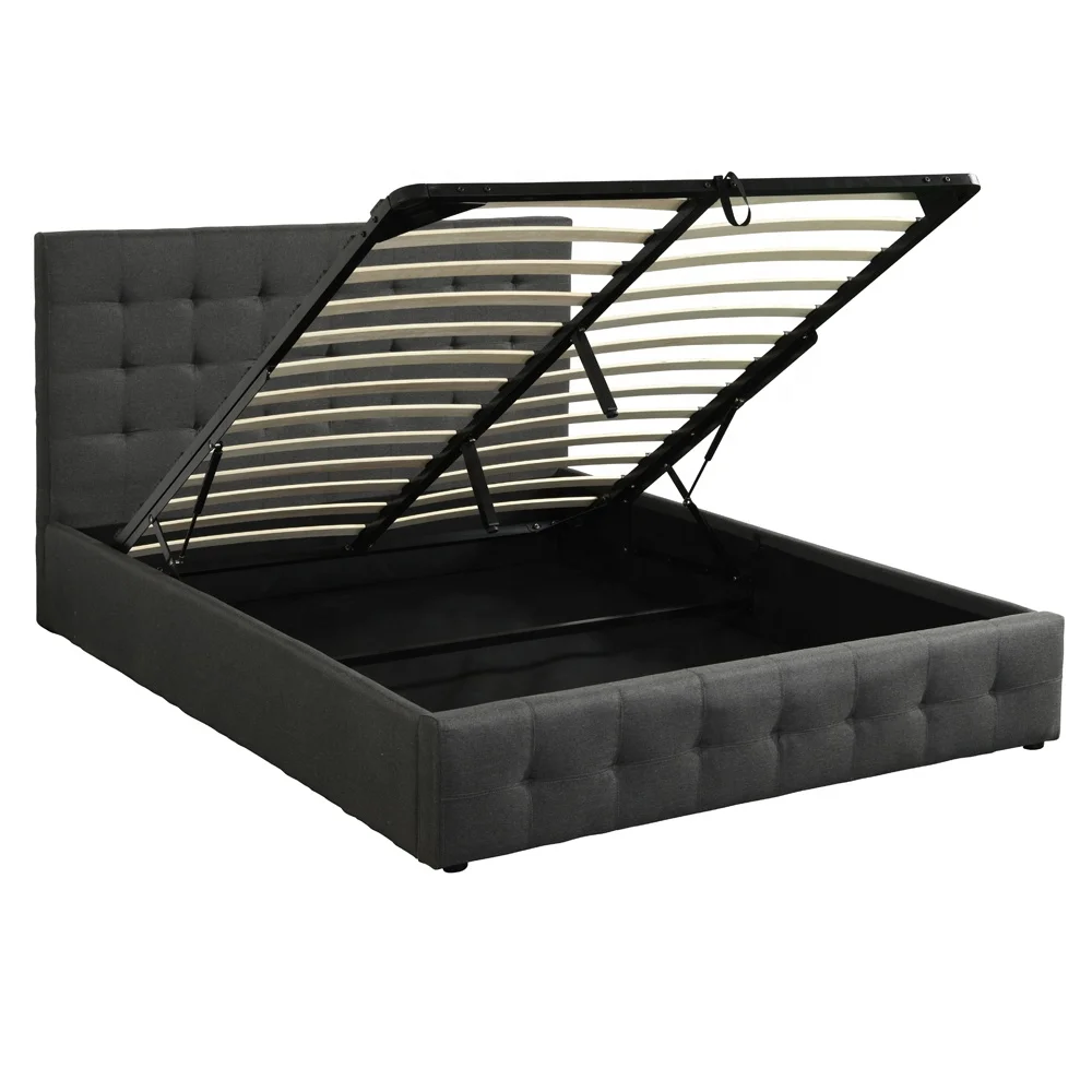 No box spring fabric tall headboard Queen King size solid wooden slats support upholstered ottoman bed frame with gas lift