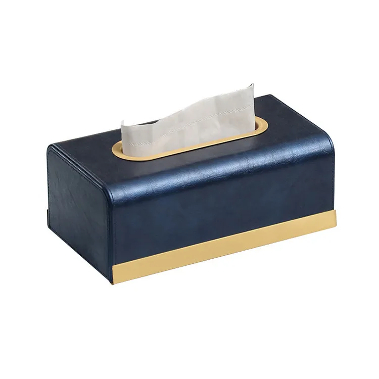 MAVOBO Hot Sale Luxury Retro Hotel Rectangle Paper Tissue Napkin Box Cover Holder with Brass Buckle Faux Leather Tissue Box