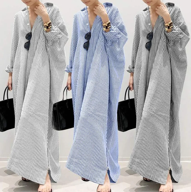 Hot Sale Cotton Linen Dress  Loose Striped Summer Shirt dress Plus Size Maxi Women Dresses