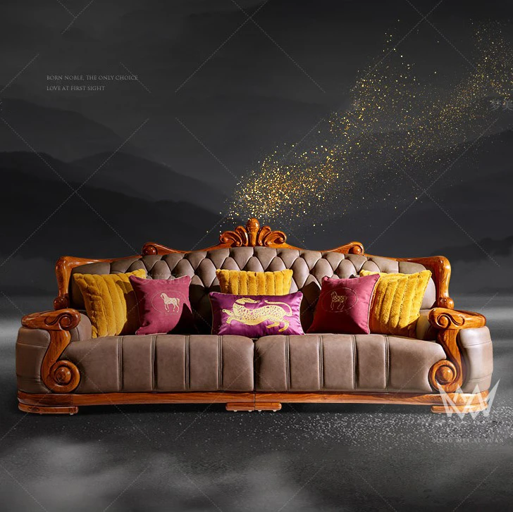 Sofa ebony villa furniture first layer leather real wood living room big family sofa SOLID WOOD SOFA