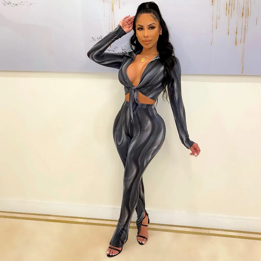 New arrivals hot sale deep V neck short top and pants set sexy long sleeve two piece set women clothing