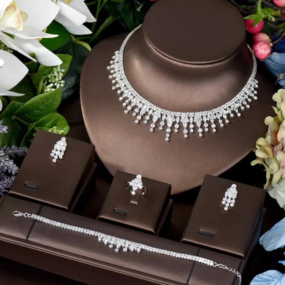 HIBRIDE Luxury 4pcs Earrings and Necklace Jewelry Set Round Design White Color Women Bridal Wedding Jewelry Accessories N-1540