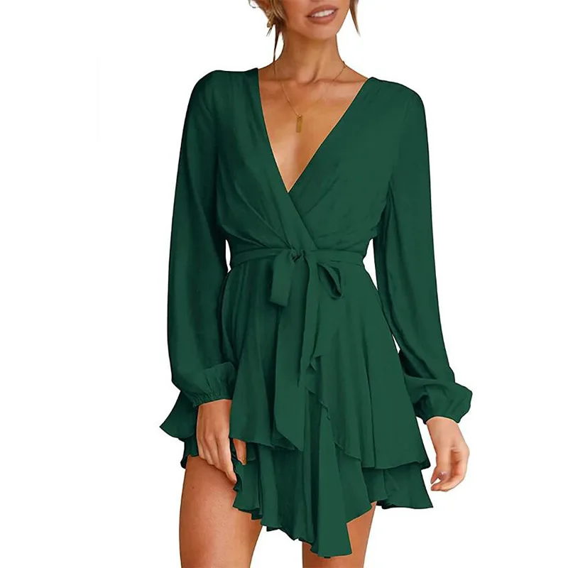 2022 Amzaon Hot Selling Summer Women Long Sleeve  Dress Casual Party Evening V Neck Waist Tie Ruffle Mini Swing Skater Dresses