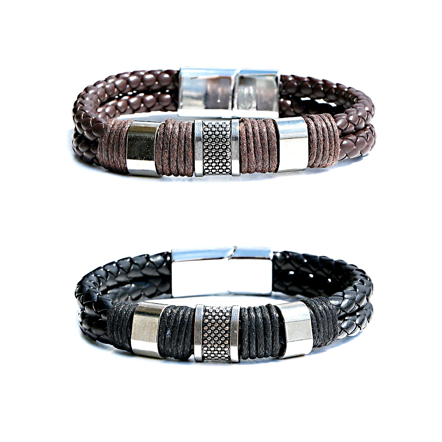 Douvei Leather Woven Braided Bracelet Stainless Steel Buckle Bracelet Mens Leather Cuff Bangle Leather Connector Jewelry