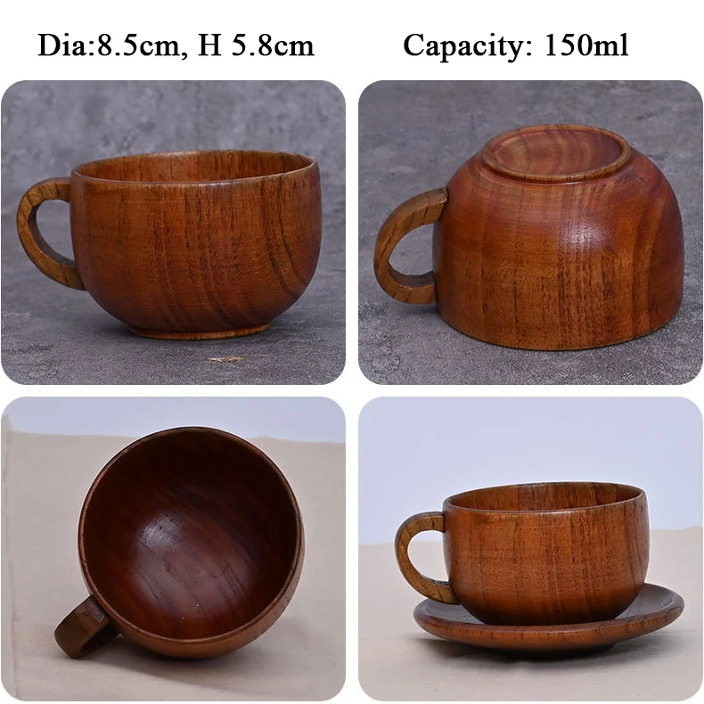 Eco Friendly Natural Wooden Tea Beer Coffee Handle Mug Cup Set With Wood Bottom And Spoon