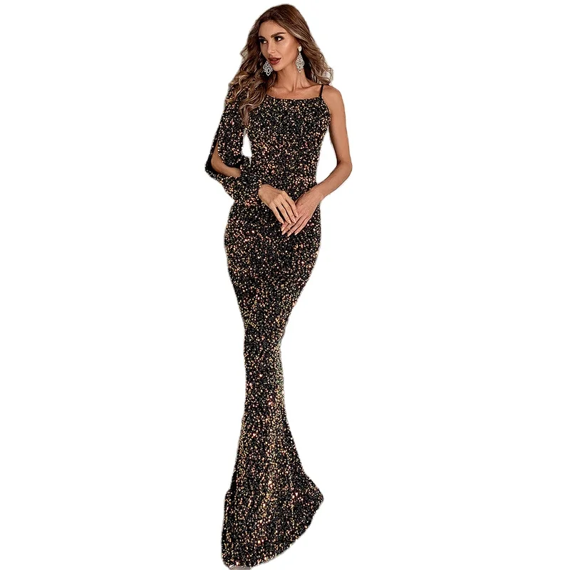 Nanchang Auyan Christmas Small Tail Evening Dress 2021 Sexy Sequined Fish Tail Ruffle Shoulder Party Dress