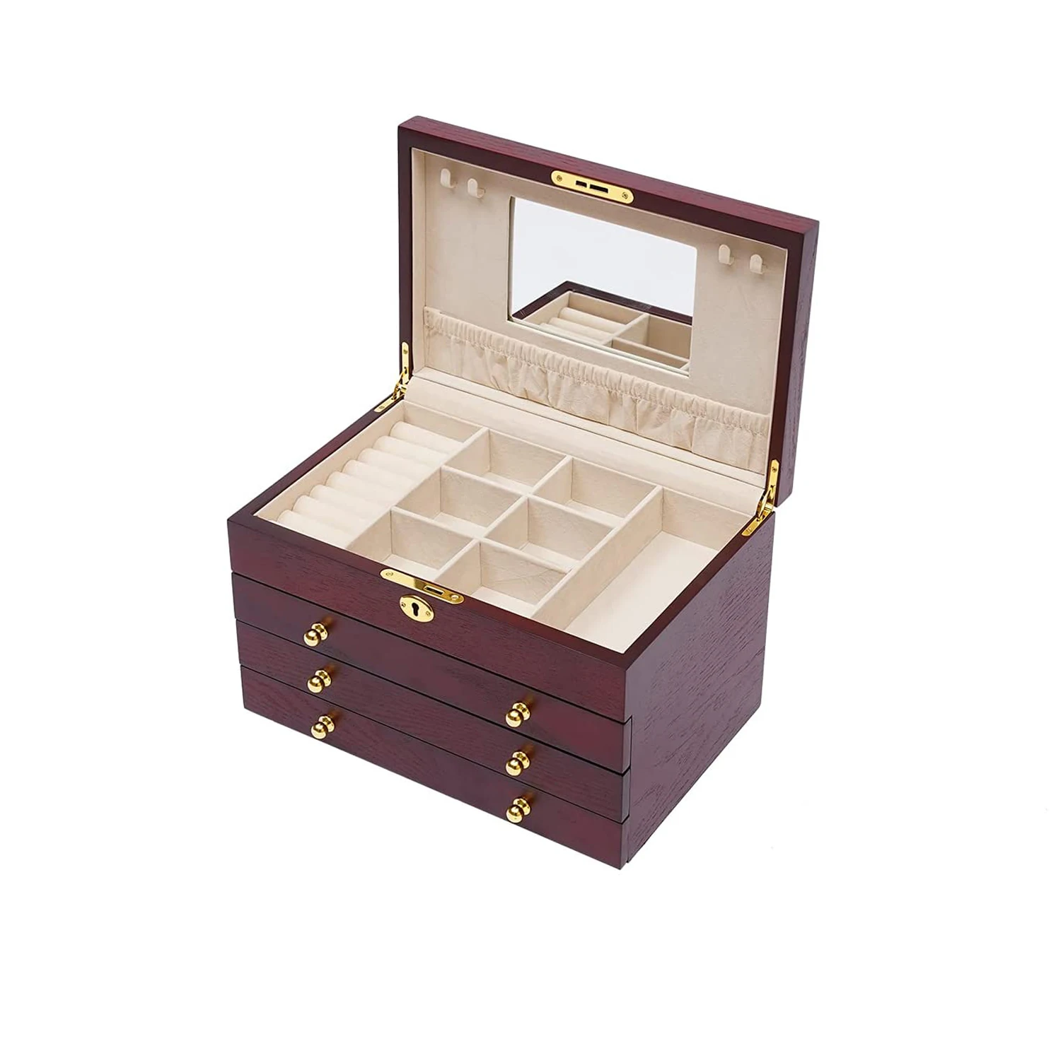 Деревянная шкатулка для ювелирных изделий винтажный органайзер хранения ожерелий и колец из массива дерева с зеркалом оптовая продажа