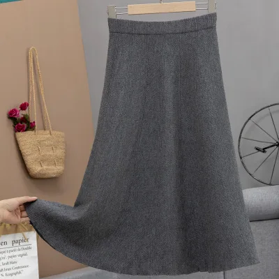 B51337A Korean style autumn winter ladies high waist elegant A-line knitted skirt